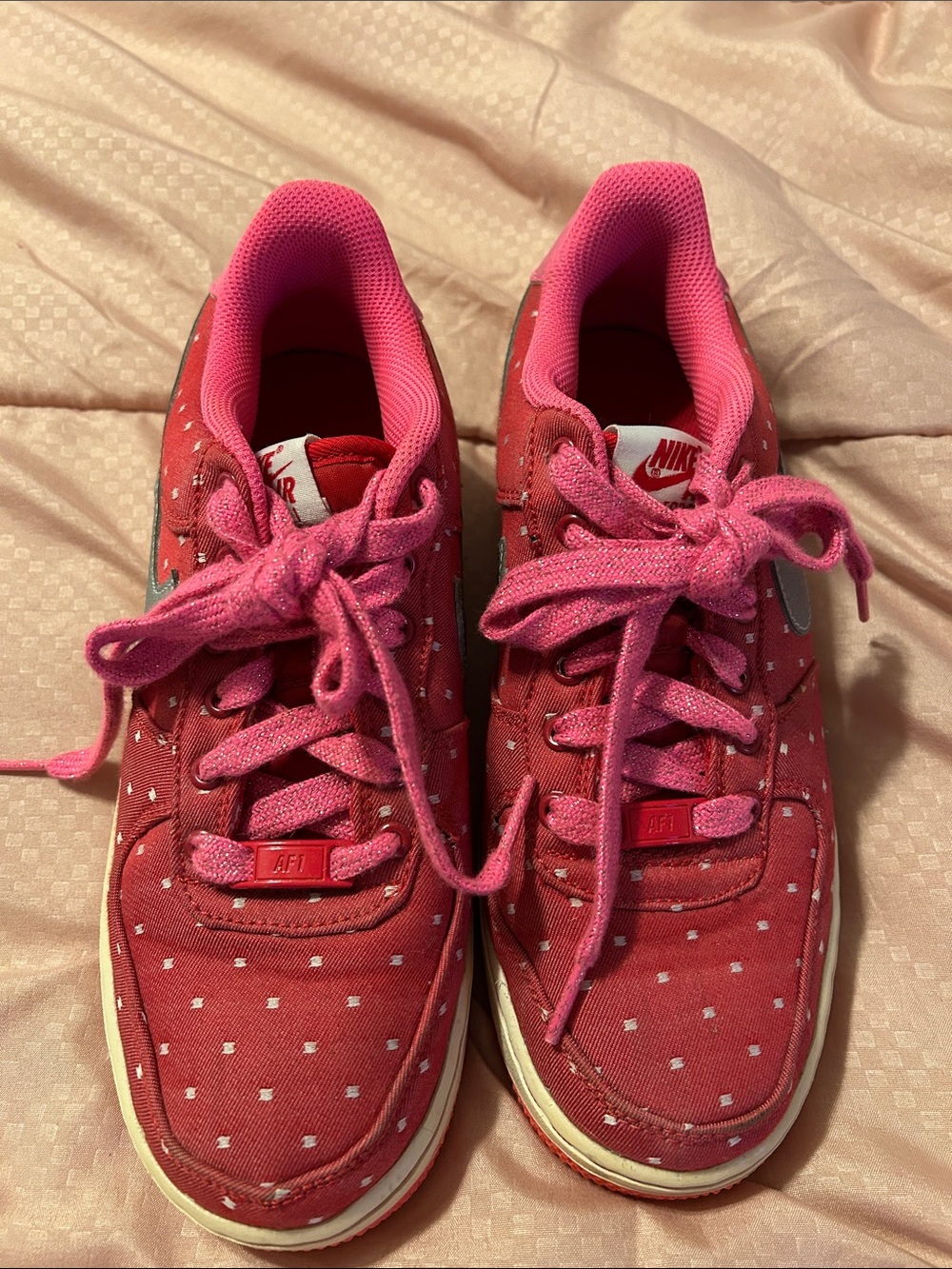 Nike Kids AIR Force 1 Red and Pink Polka Dot Sneakers